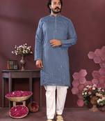 Grey geometric sequin silk kurta pyjama set for men |designer kurta