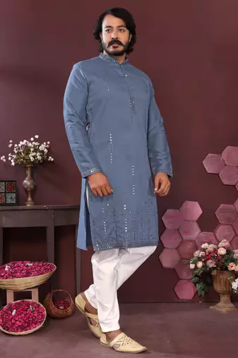 Grey geometric sequin silk kurta pyjama set for men |designer kurta