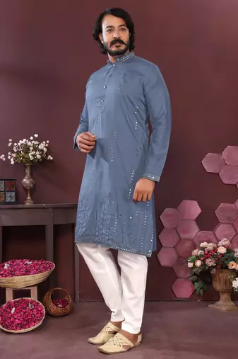 Grey geometric sequin silk kurta pyjama set for men |designer kurta