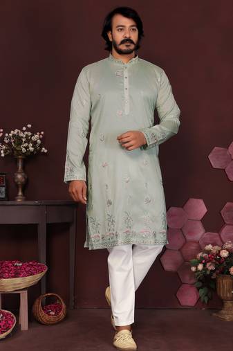 Green floral sequin silk kurta pyjama set for men |designer kurta