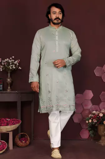Green floral sequin silk kurta pyjama set for men |designer kurta