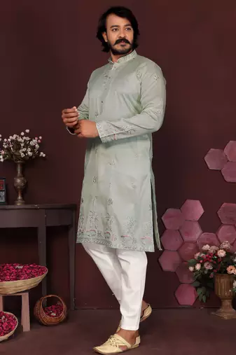 Green floral sequin silk kurta pyjama set for men |designer kurta