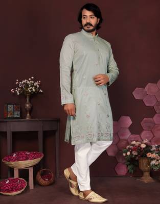 Green floral sequin silk kurta pyjama set for men |designer kurta 3
