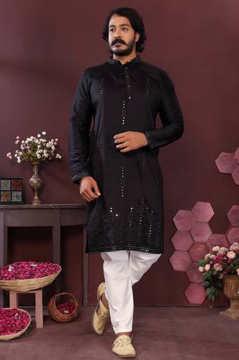 Black geometric sequin silk kurta pyjama set for men |designer kurta
