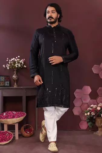 Black geometric sequin silk kurta pyjama set for men |designer kurta
