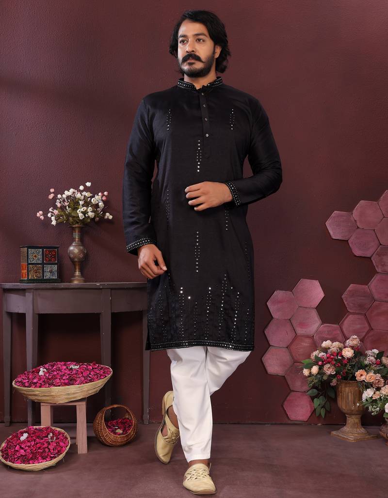 Black geometric sequin silk kurta pyjama set for men |designer kurta