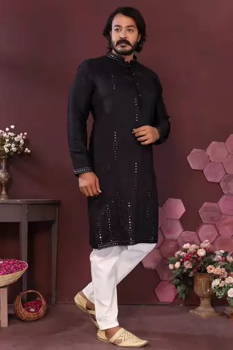 Black geometric sequin silk kurta pyjama set for men |designer kurta