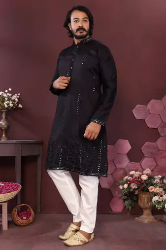 Black geometric sequin silk kurta pyjama set for men |designer kurta