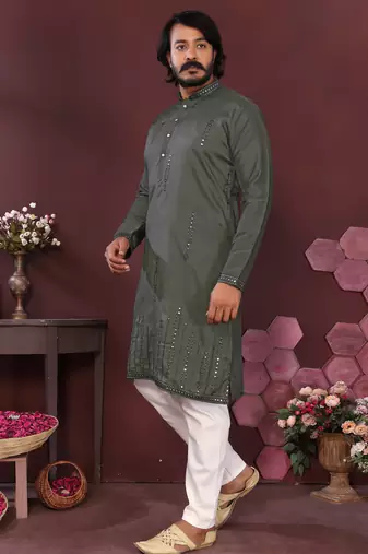 Green geometric sequin silk kurta pyjama set for men |designer kurta