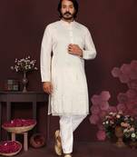 White geometric sequin silk kurta pyjama set for men |designer kurta