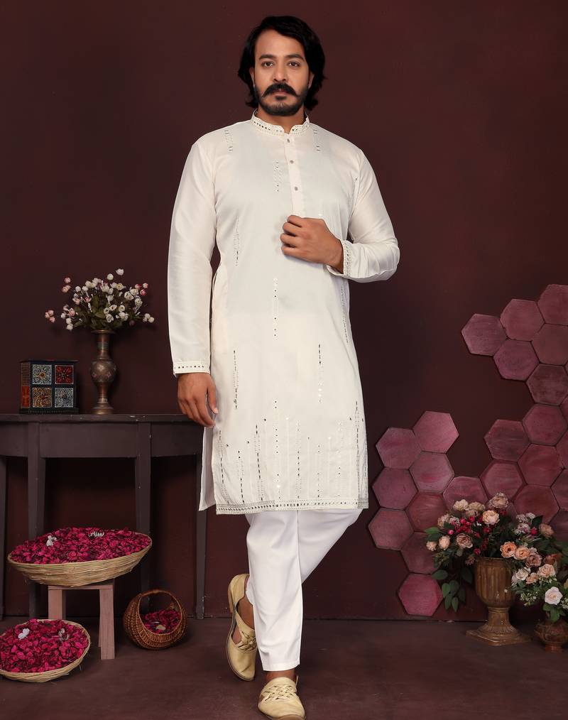 White geometric sequin silk kurta pyjama set for men |designer kurta