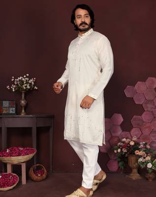 White geometric sequin silk kurta pyjama set for men |designer kurta 2