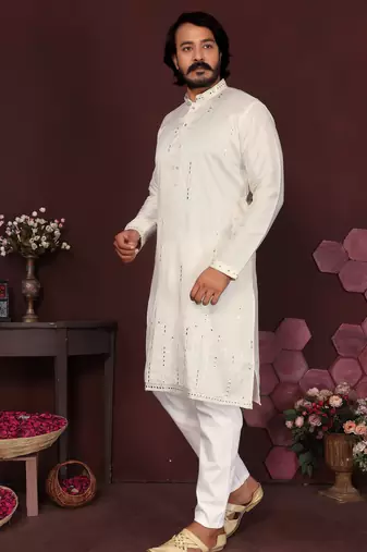 White geometric sequin silk kurta pyjama set for men |designer kurta