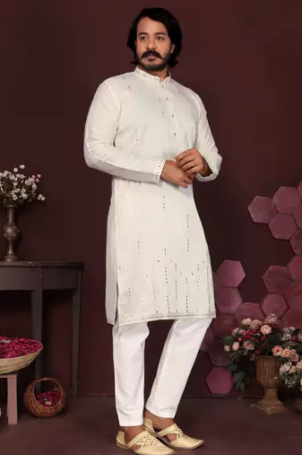 White geometric sequin silk kurta pyjama set for men |designer kurta