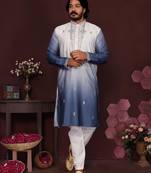 Blue floral sequin silk kurta pyjama set for men |designer kurta