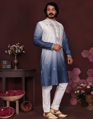 Blue floral sequin silk kurta pyjama set for men |designer kurta 2