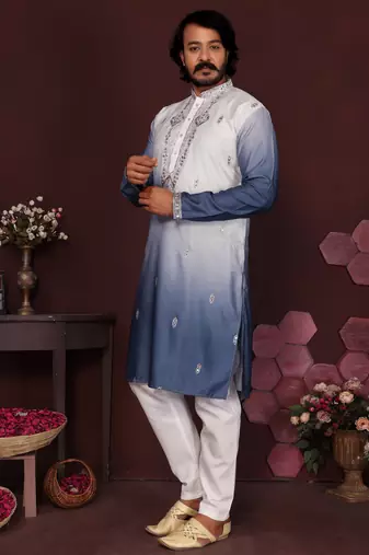 Blue floral sequin silk kurta pyjama set for men |designer kurta