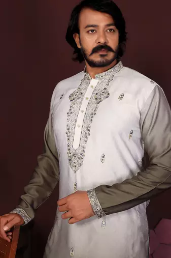 Brown floral sequin silk kurta pyjama set for men |designer kurta