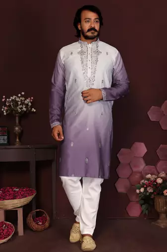 Purple floral sequin silk kurta pyjama set for men | designer kurta