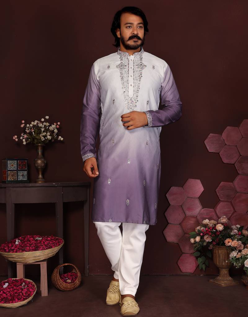 Purple floral sequin silk kurta pyjama set for men | designer kurta