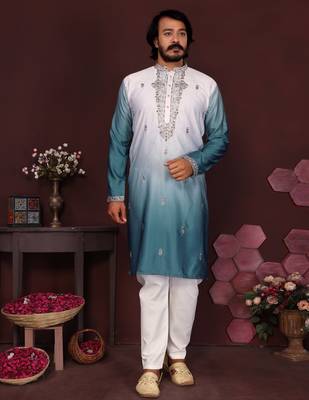 Teal floral sequin silk kurta pyjama set for men |designer kurta 1