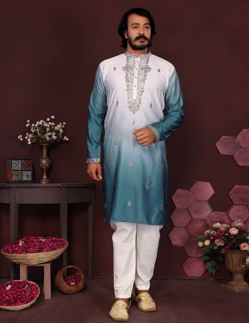 Teal floral sequin silk kurta pyjama set for men |designer kurta