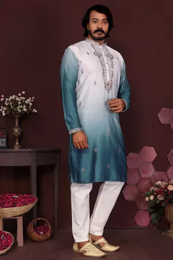Teal floral sequin silk kurta pyjama set for men |designer kurta