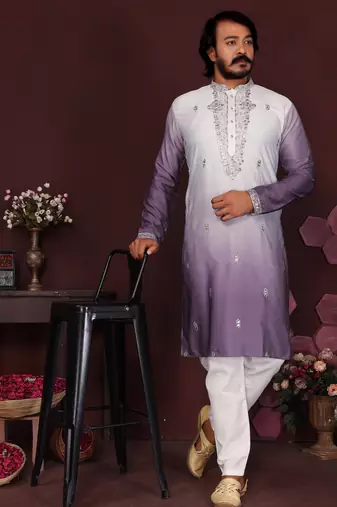 Purple floral sequin silk kurta pyjama set for men | designer kurta