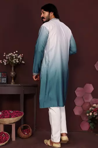 Teal floral sequin silk kurta pyjama set for men |designer kurta
