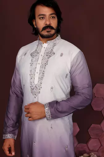 Purple floral sequin silk kurta pyjama set for men | designer kurta