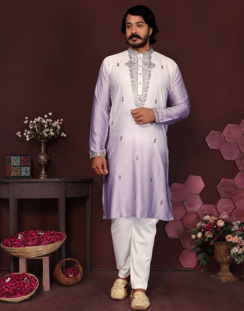 Lavender floral sequin silk kurta pyjama set for men |designer kurta