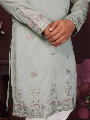 Light green floral sequin silk kurta pyjama set for men |designer kurta 5