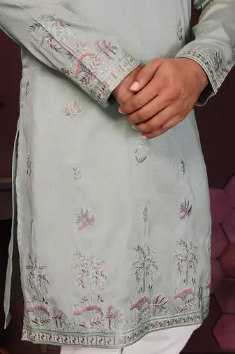Green floral sequin silk kurta pyjama set for men |designer kurta