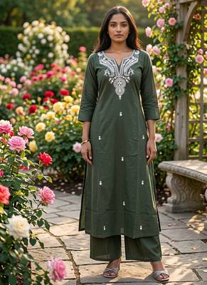 Beautiful olive green embroidered cotton cord set 1