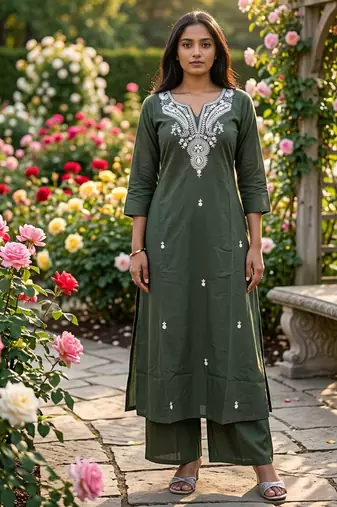Beautiful olive green embroidered cotton cord set