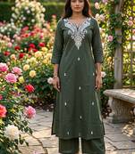 Beautiful olive green embroidered cotton cord set