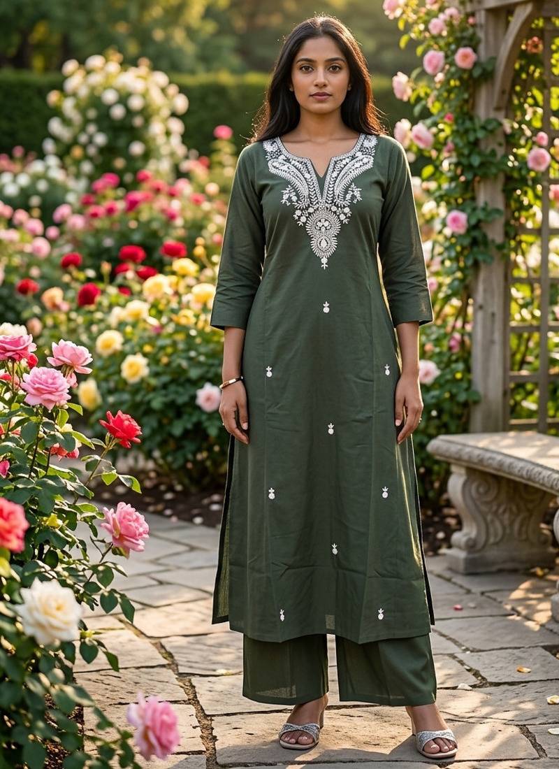 Beautiful olive green embroidered cotton cord set