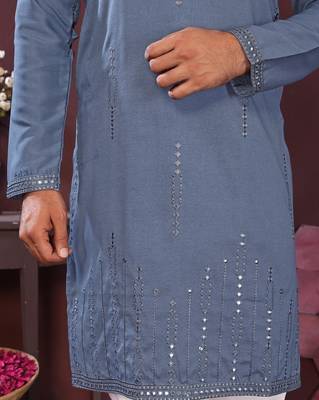 Grey geometric sequin silk kurta pyjama set for men |designer kurta 5