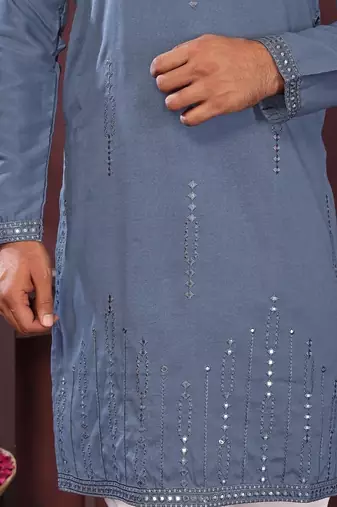 Grey geometric sequin silk kurta pyjama set for men |designer kurta