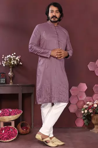Pink geometric sequin silk kurta pyjama set for men |designer kurta