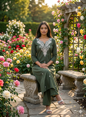 Beautiful olive green embroidered cotton cord set 2