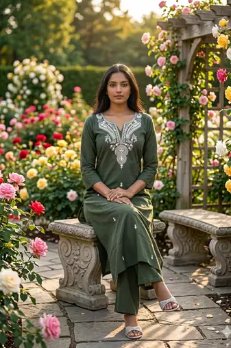 Beautiful olive green embroidered cotton cord set