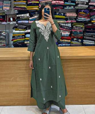 Beautiful olive green embroidered cotton cord set 3