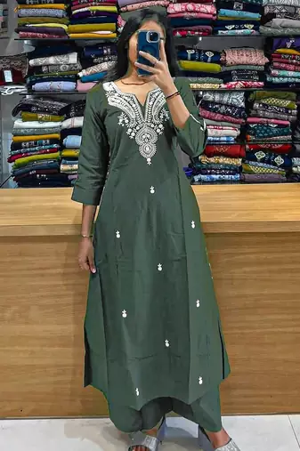 Beautiful olive green embroidered cotton cord set