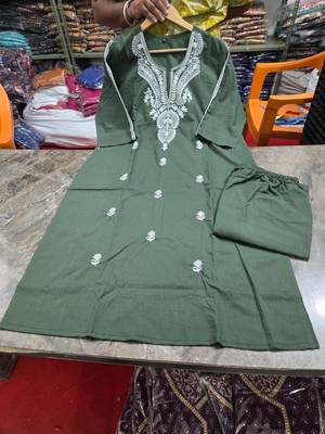 Beautiful olive green embroidered cotton cord set 4