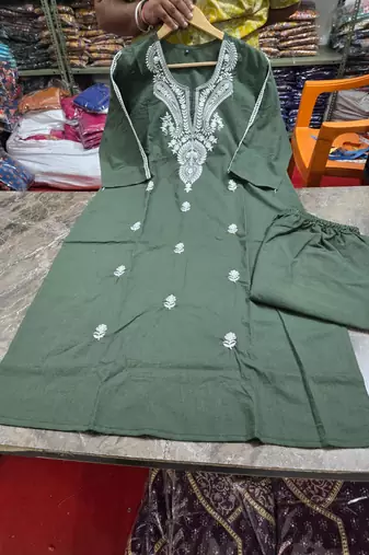 Beautiful olive green embroidered cotton cord set