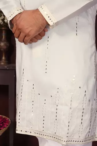 White geometric sequin silk kurta pyjama set for men |designer kurta