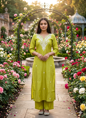 Beautiful yellow embroidered cotton cord set 1