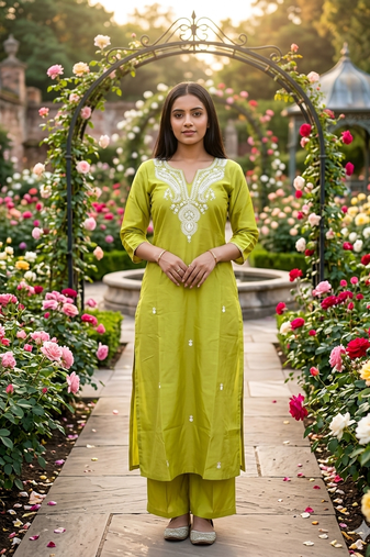 Beautiful yellow embroidered cotton cord set