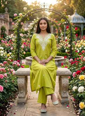 Beautiful yellow embroidered cotton cord set 2